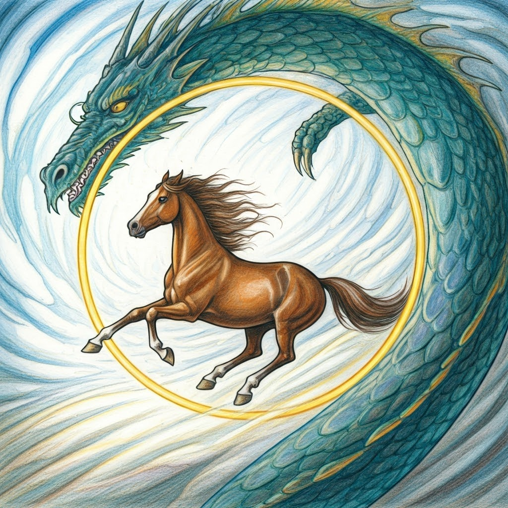 A horse running in a circle around a dragon