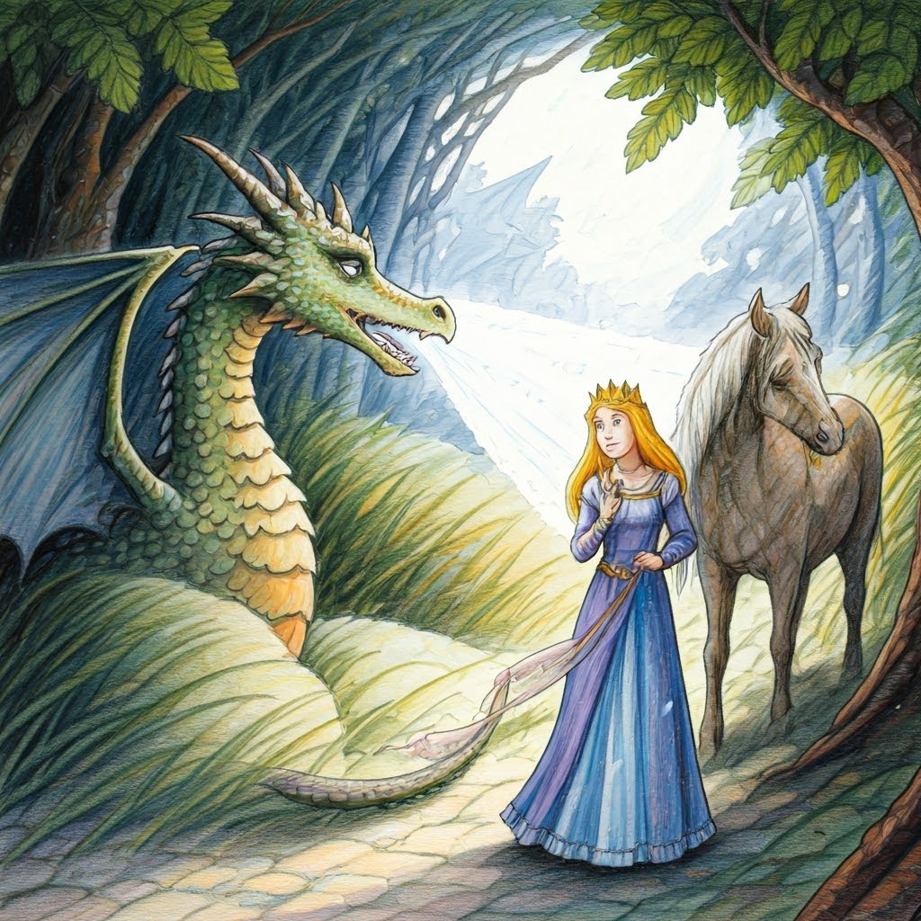 A dragon sneezing a princess and a horse