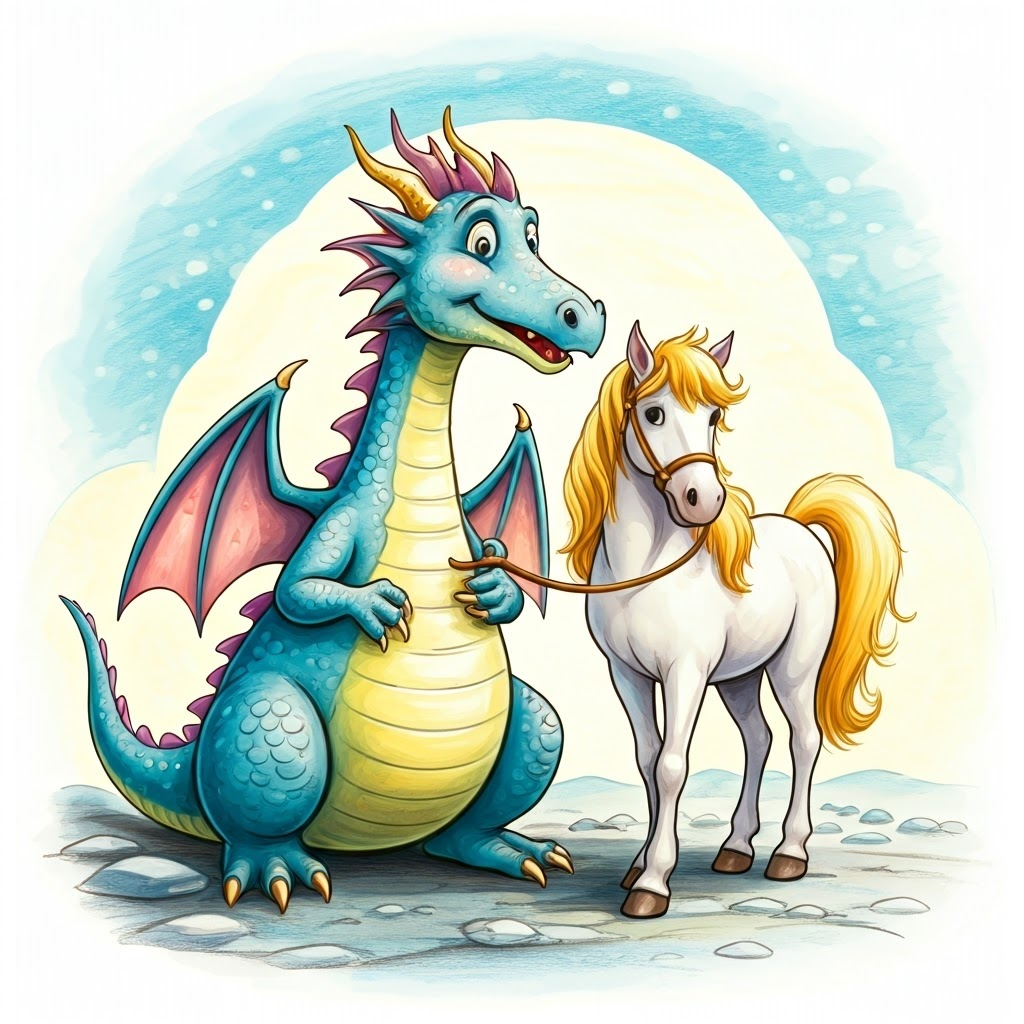A happy dragon, a princess, and a horse