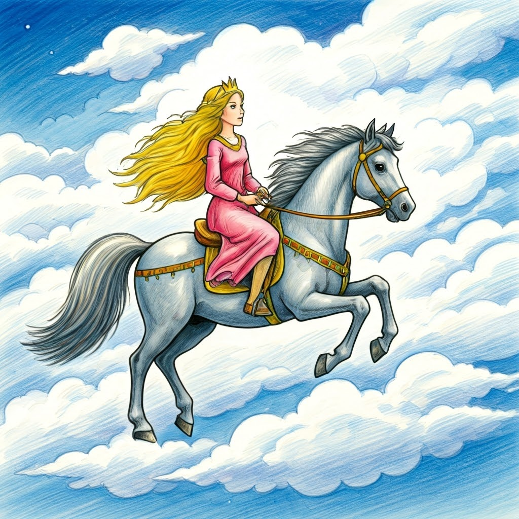 A princess riding her horse through the clouds