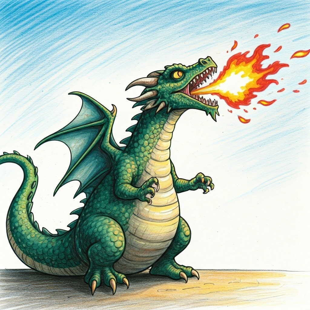 A green dragon burping fireballs