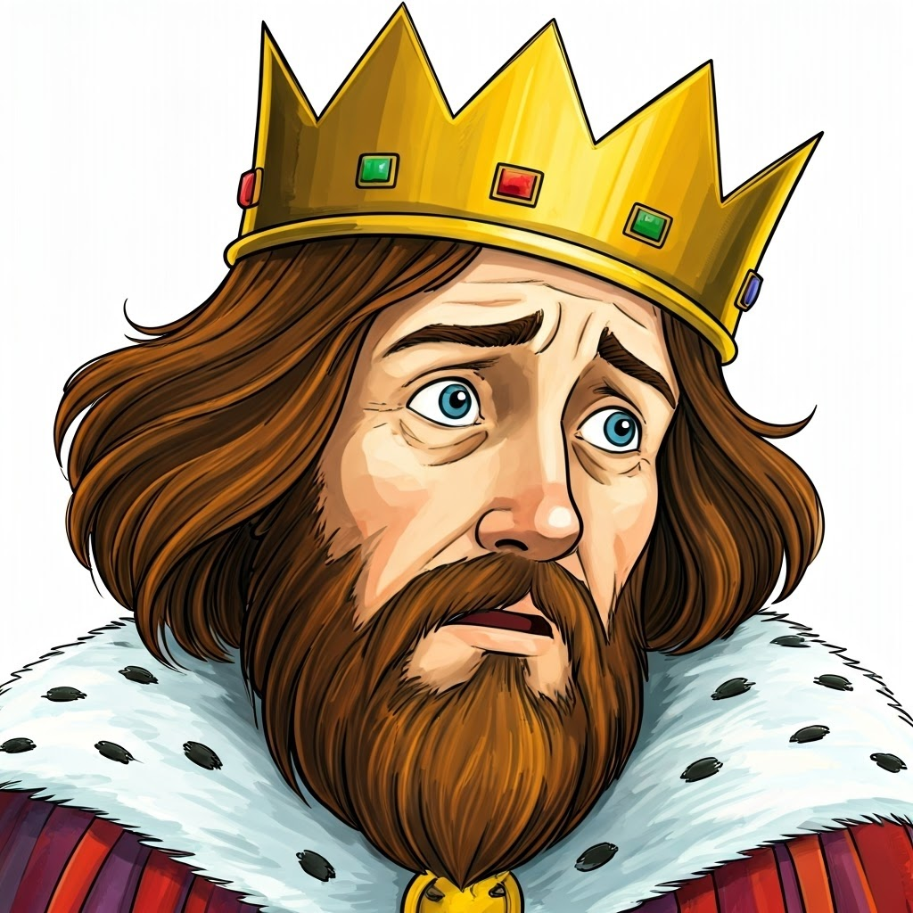 A worried king with a crown on his head