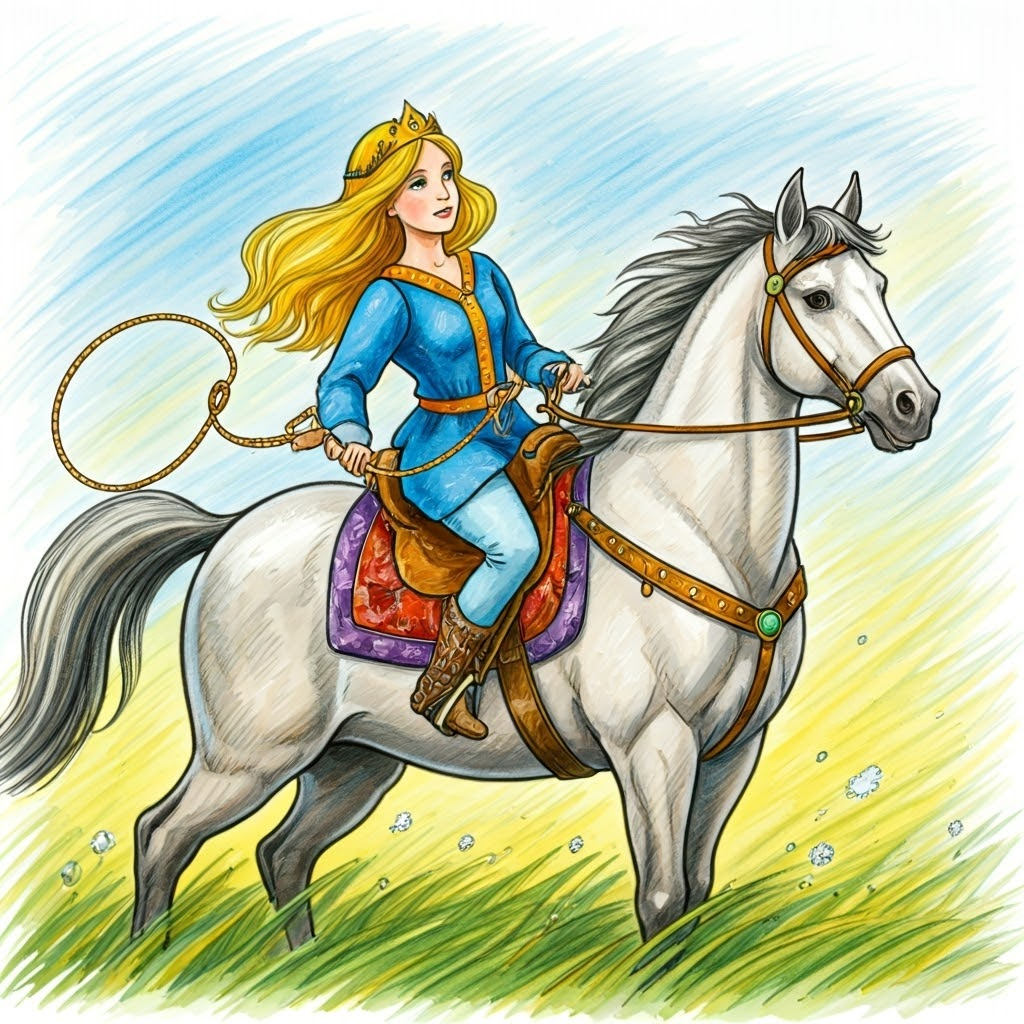 A princess with a lasso riding her horse
