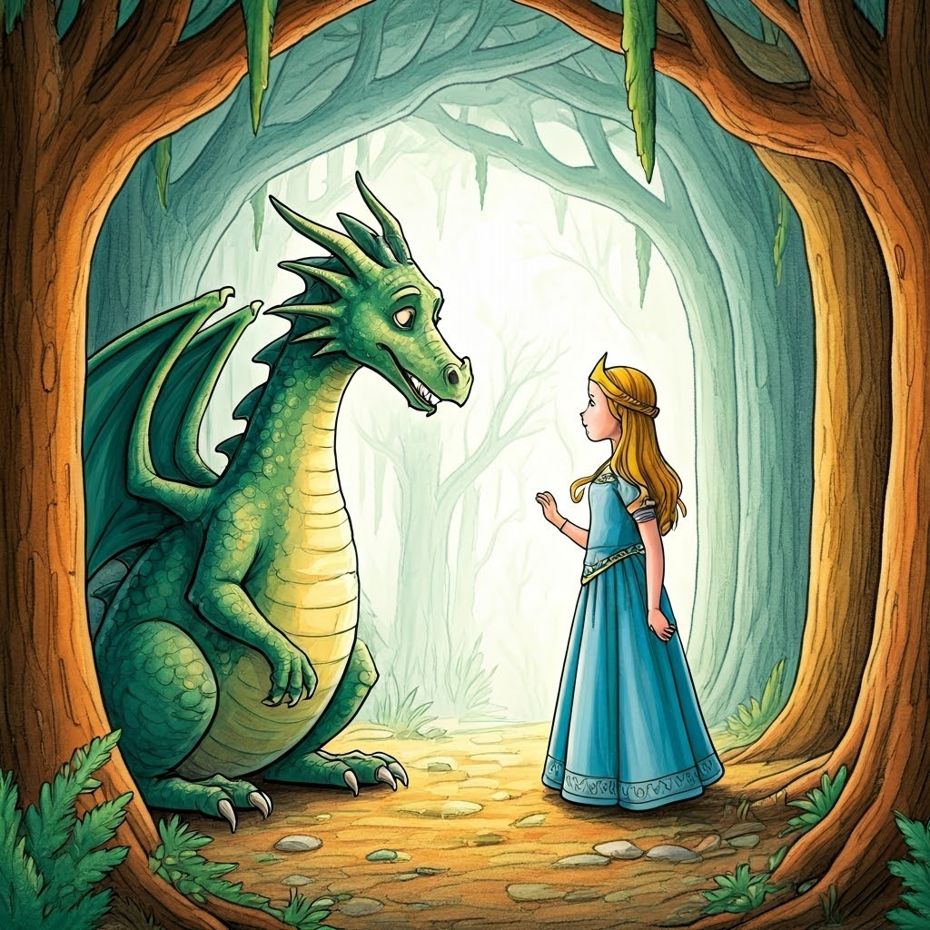A green dragon talking to a princess