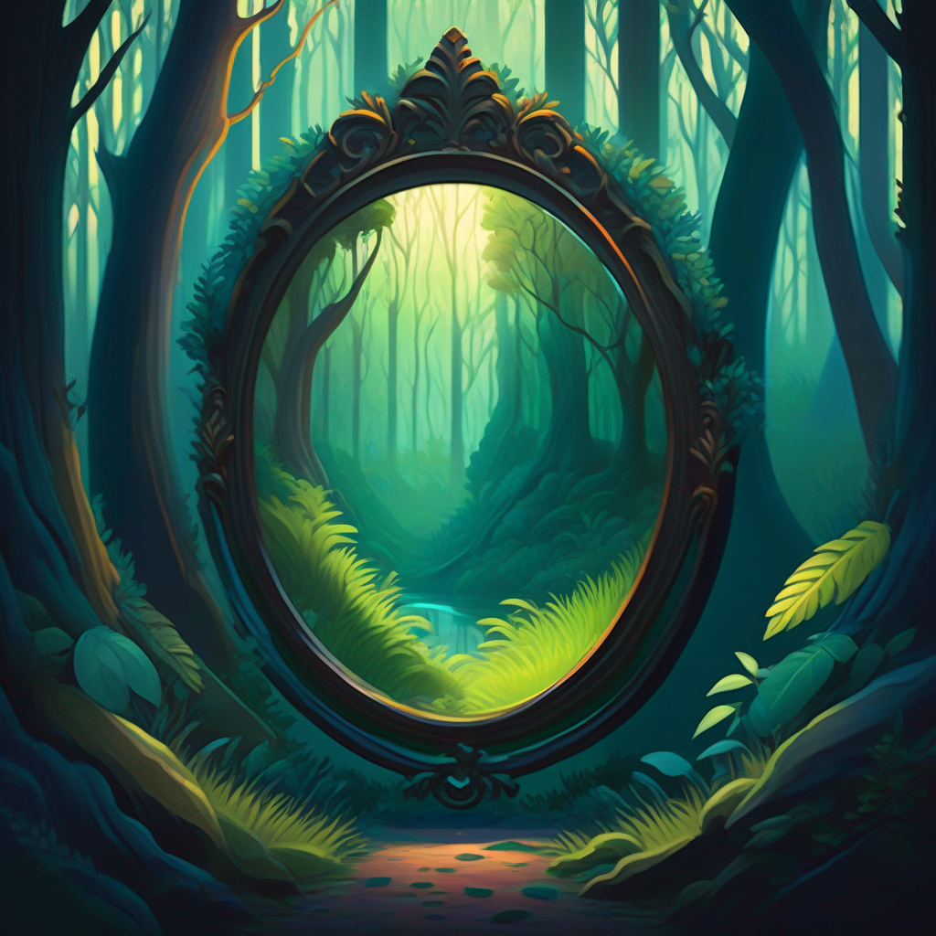 A hidden magical mirror in a mysterious forest.