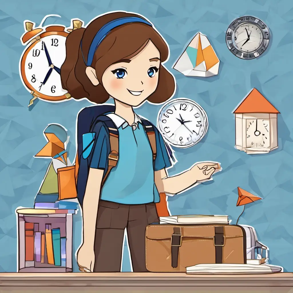 Image: Kia is a girl with brown hair and blue eyes with backpack, standing next to a clock, smiling