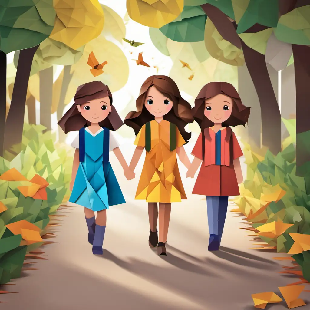 Image: Kia is a girl with brown hair and blue eyes with her friends, walking together holding hands