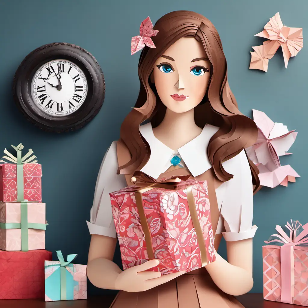 Image: Kia is a girl with brown hair and blue eyes in her pretty dress, holding a wrapped gift, looking at a clock