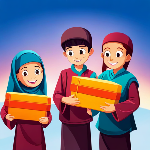 three arab children friends with smiles on their faces, holding the magical oriental  gift of wisdom