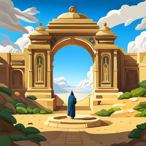  reached a grand stone portal, beyond which lay a breathtaking secret garden. The treasure was guarded by a wise statue. in the desert