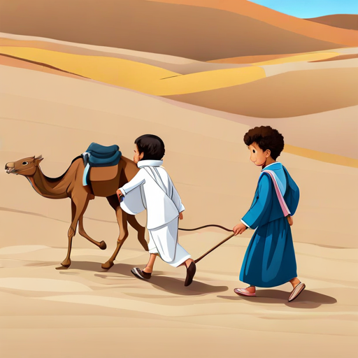 Three arab children friends, walking through a sandy desert with camel