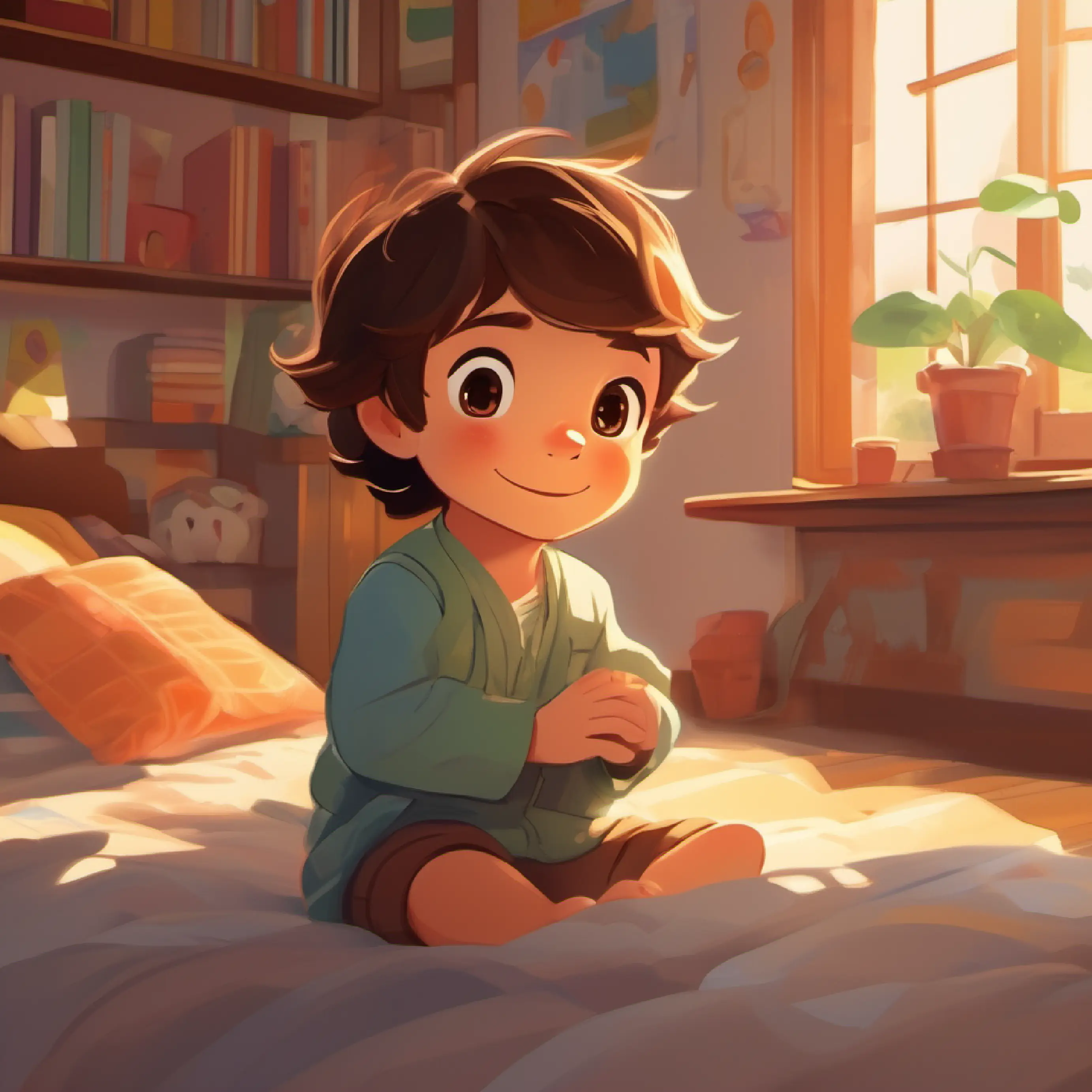 Two-year-old boy, long brown hair, brown eyes, warm smile waking up in his room, morning sunlight streaming in.