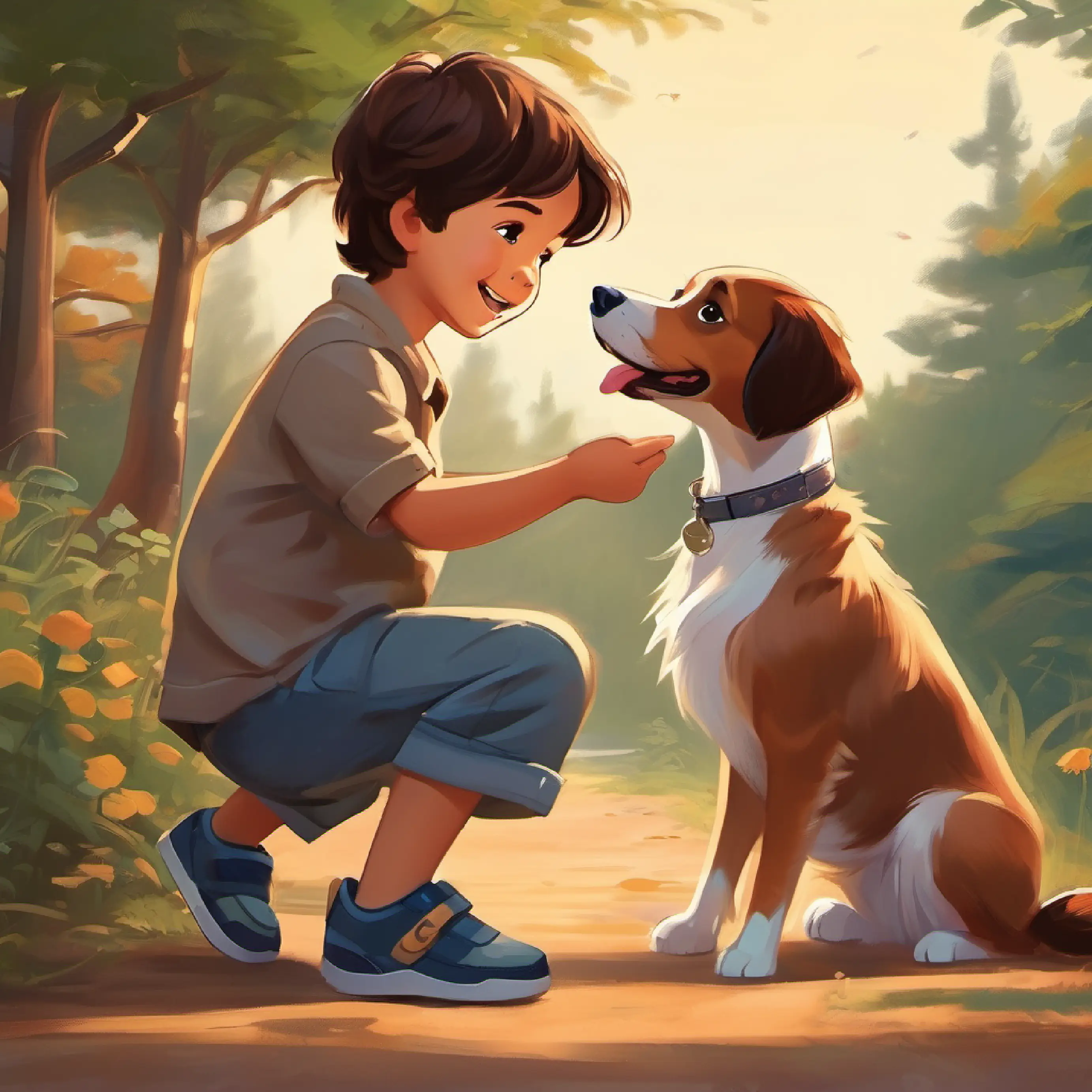 Two-year-old boy, long brown hair, brown eyes, warm smile feeding the dog, dog showing signs of happiness.