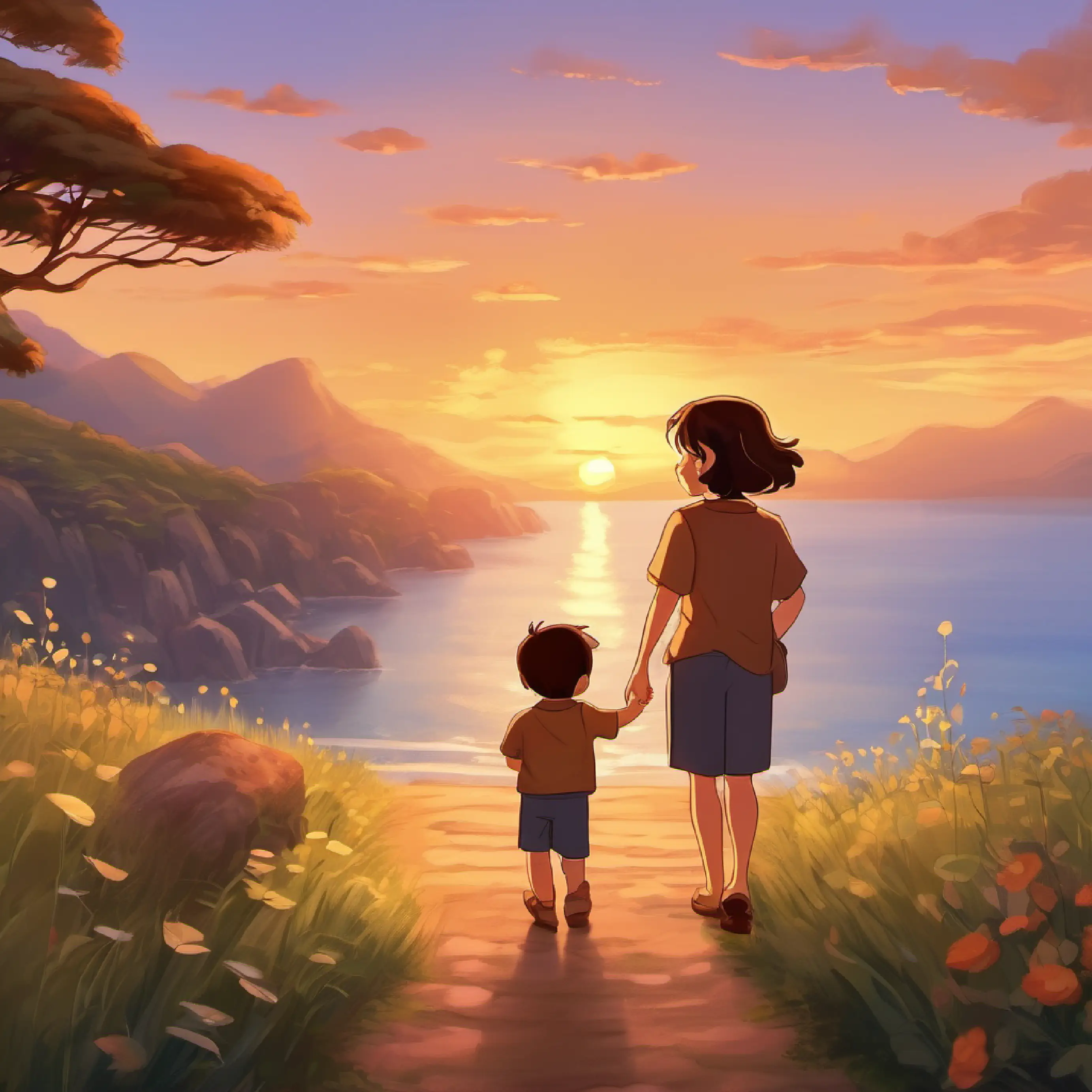 Two-year-old boy, long brown hair, brown eyes, warm smile’s parents commending him, sunset backdrop in the scene.