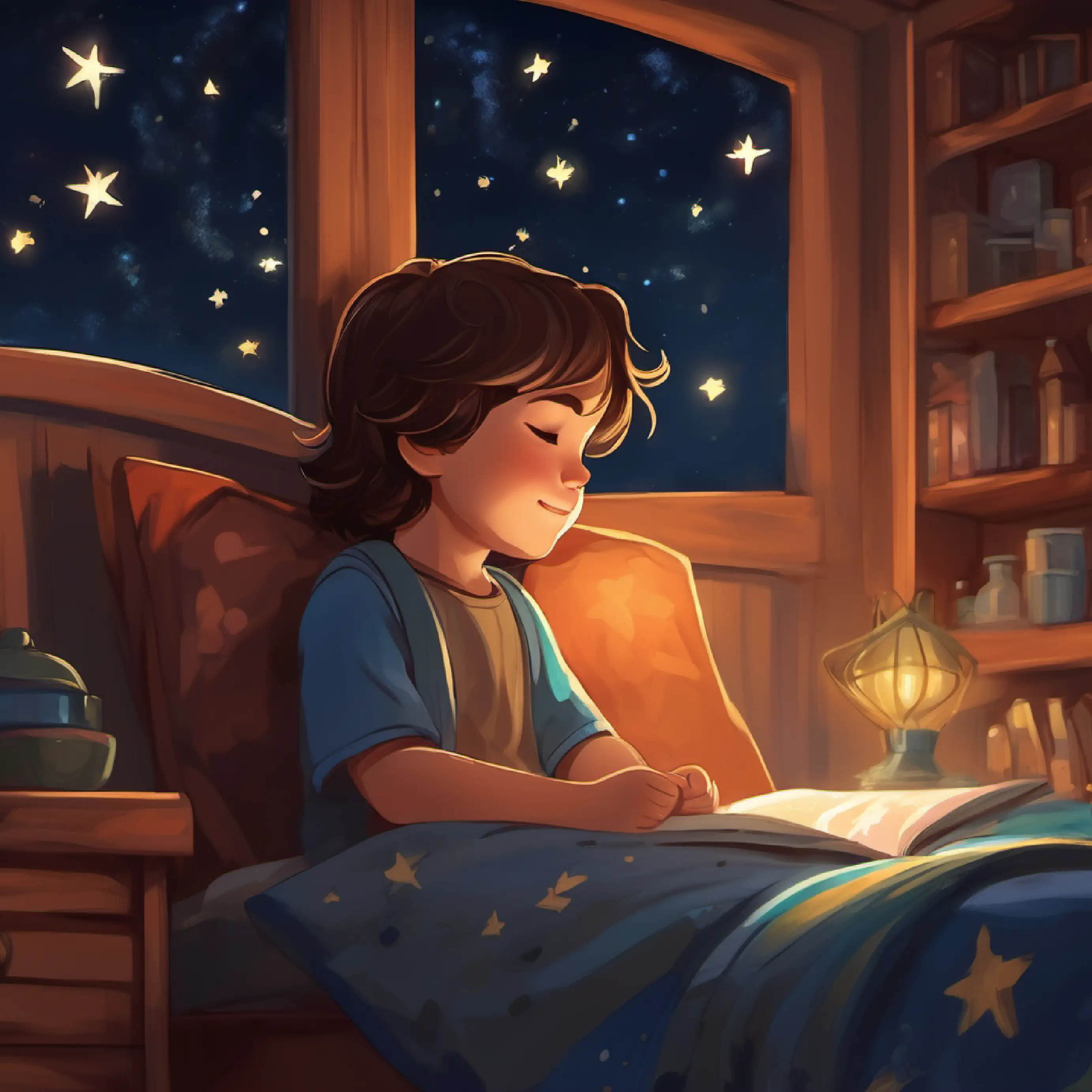 Two-year-old boy, long brown hair, brown eyes, warm smile asleep, peaceful expression, room is dark with night stars.