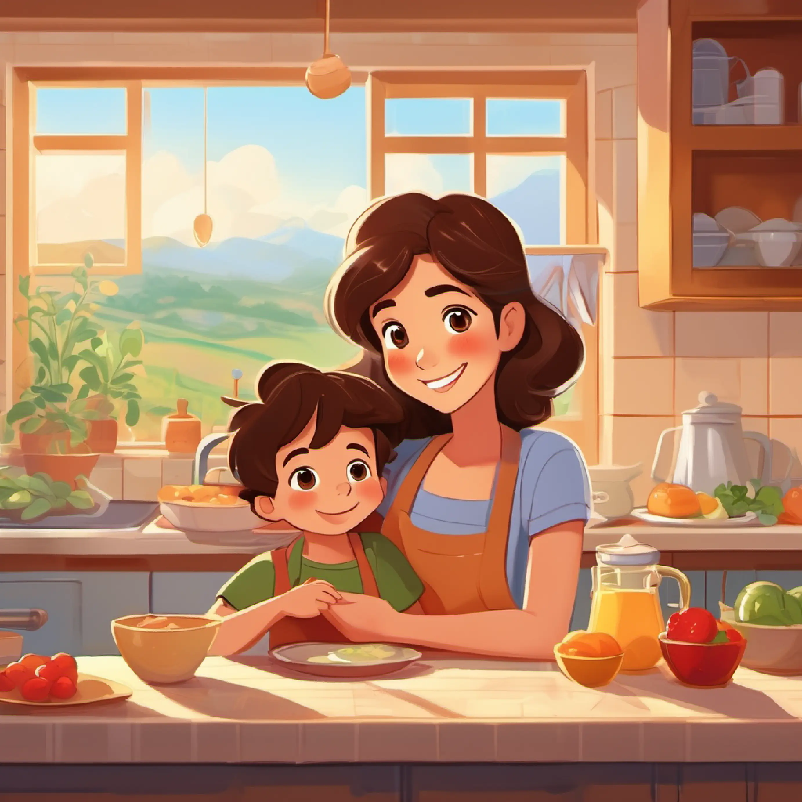 Two-year-old boy, long brown hair, brown eyes, warm smile hugging his mother, kitchen setting, breakfast.