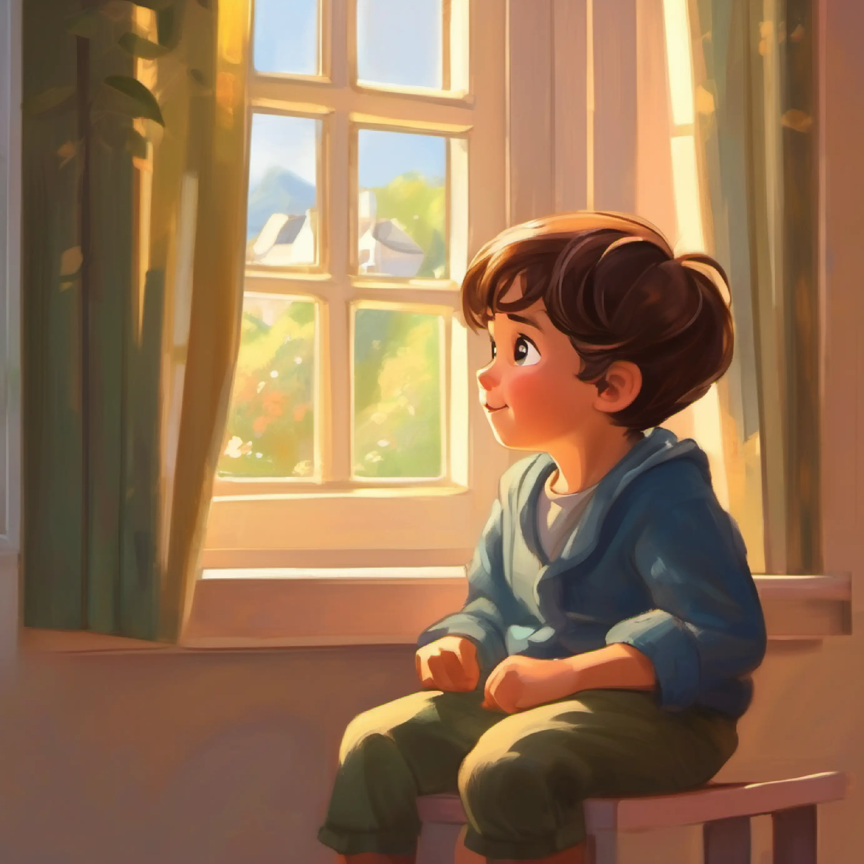 Two-year-old boy, long brown hair, brown eyes, warm smile at the window, observing Mrs. Lina, who looks upset.