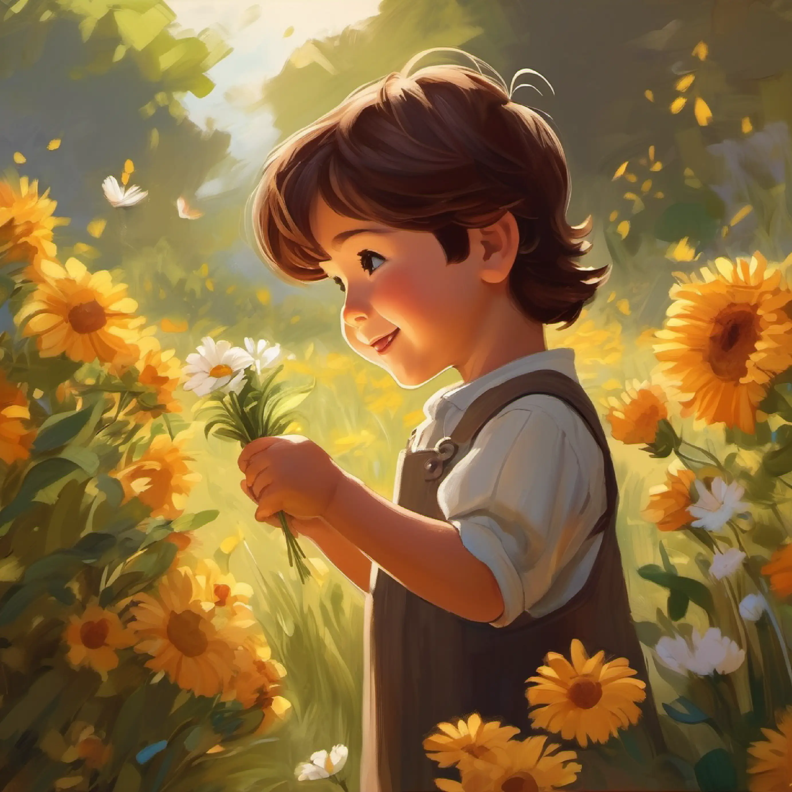 Two-year-old boy, long brown hair, brown eyes, warm smile picking flowers and presenting them to Mrs. Lina.