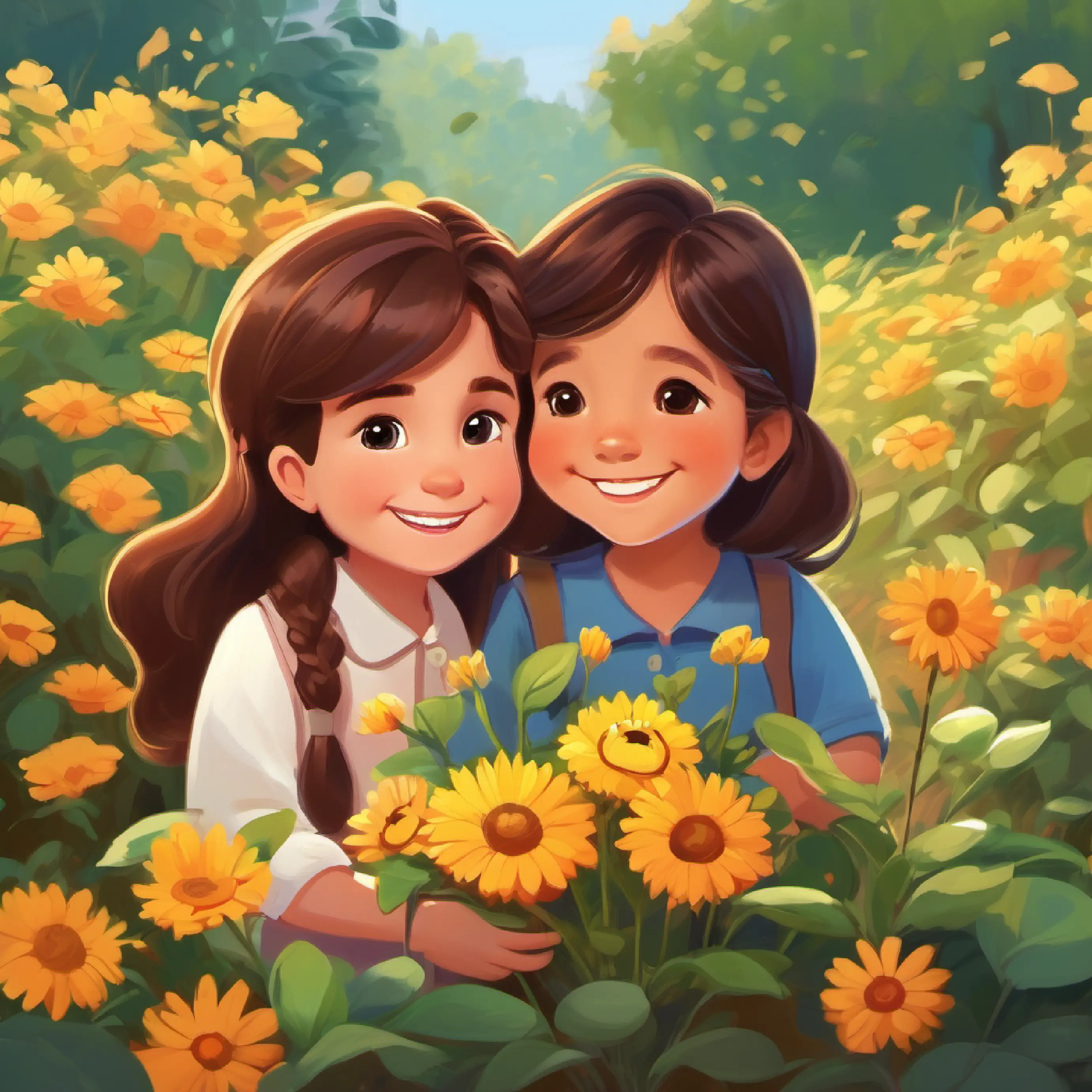 Mrs. Lina smiling, Two-year-old boy, long brown hair, brown eyes, warm smile planting flowers together.