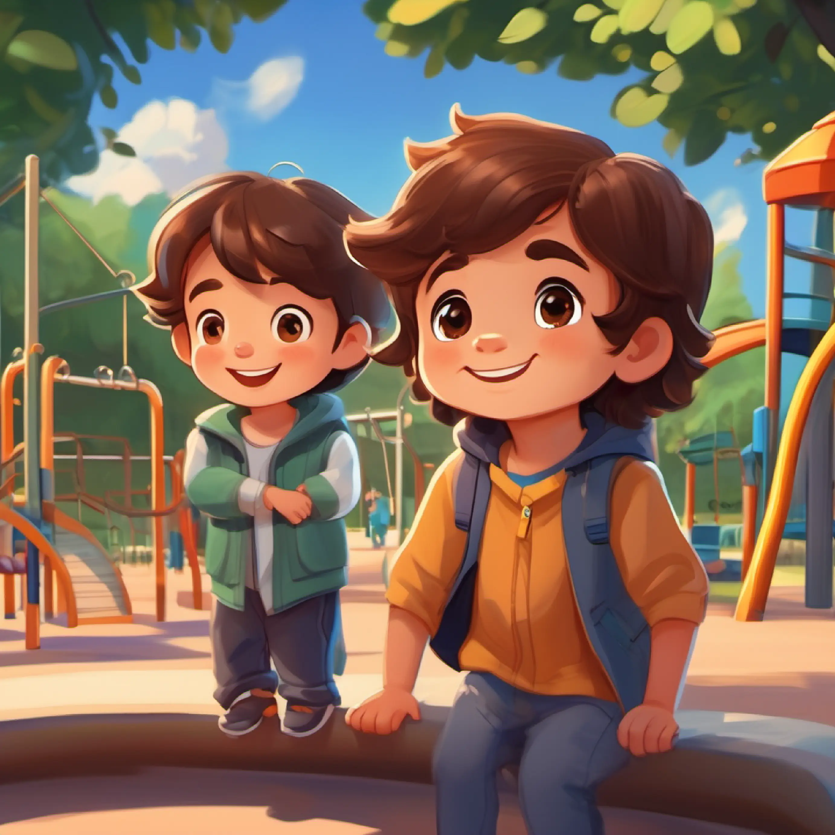 Two-year-old boy, long brown hair, brown eyes, warm smile with a friend at the playground, friend has a minor injury.