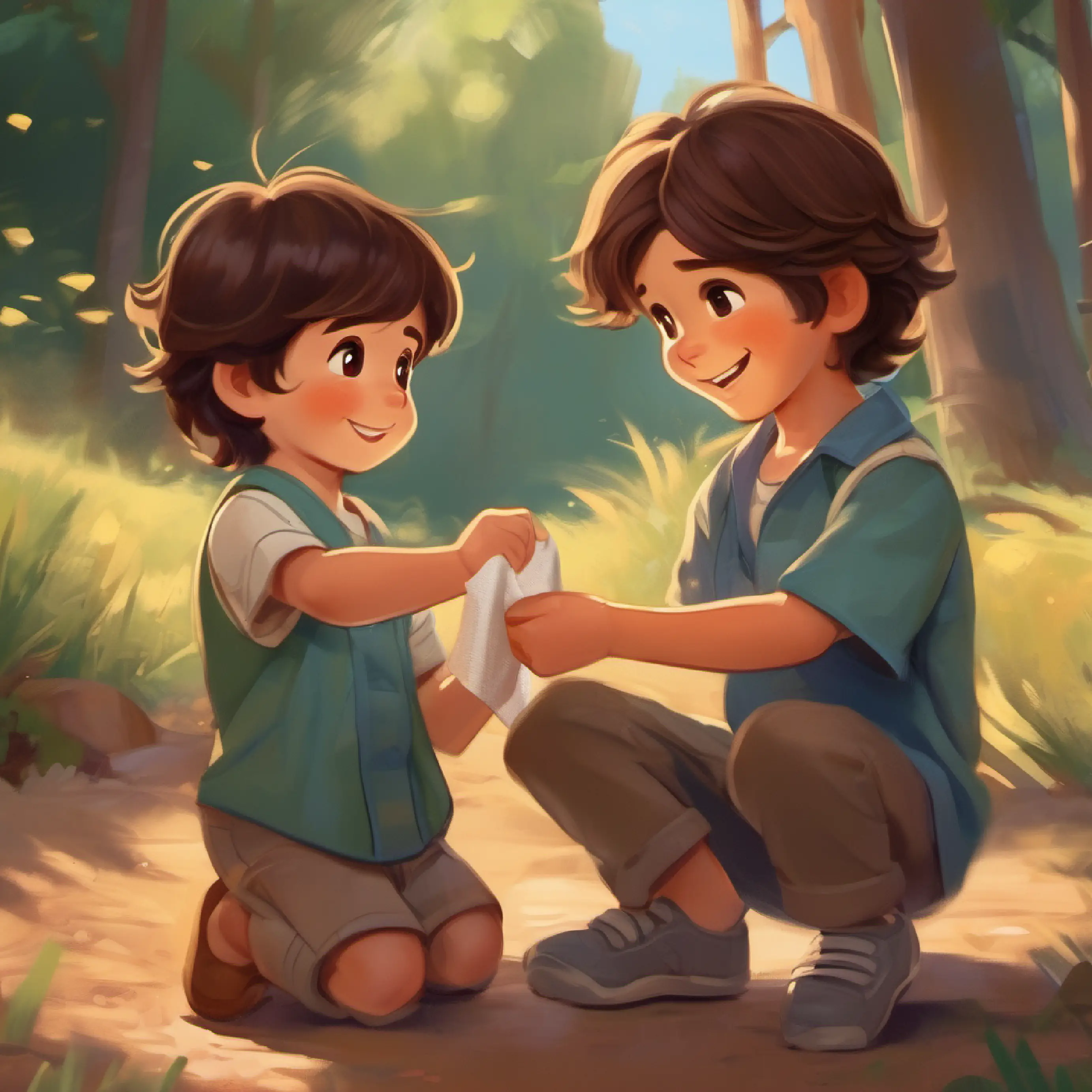 Two-year-old boy, long brown hair, brown eyes, warm smile handing a bandage to his friend, empathetic gesture.