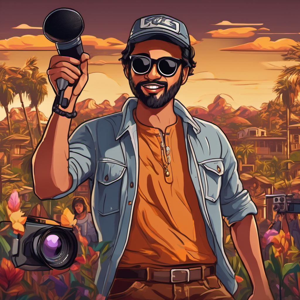 Lal shirt, black jeans, sunglasses, has camera and Neela shirt, brown pants, cap, has microphone making a comedy video with swear words