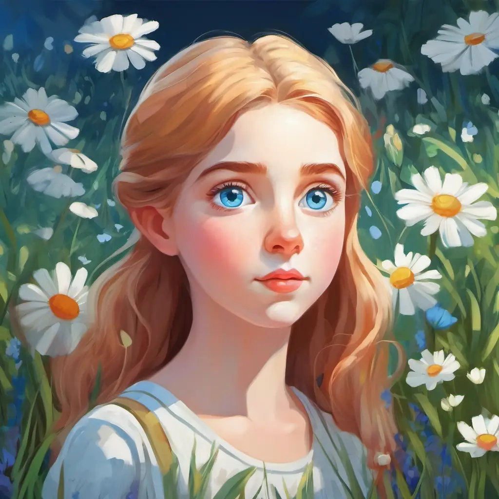 Girl with big blue eyes and white skin, brave and kind in her favorite meadow, exploring nature.