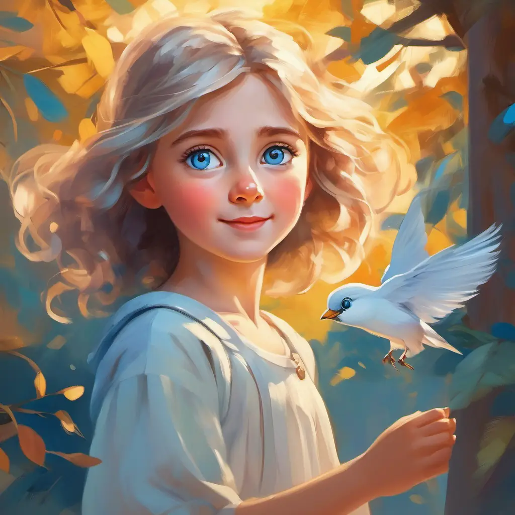 Girl with big blue eyes and white skin, brave and kind feels joy and accomplishment as the bird flies once more.