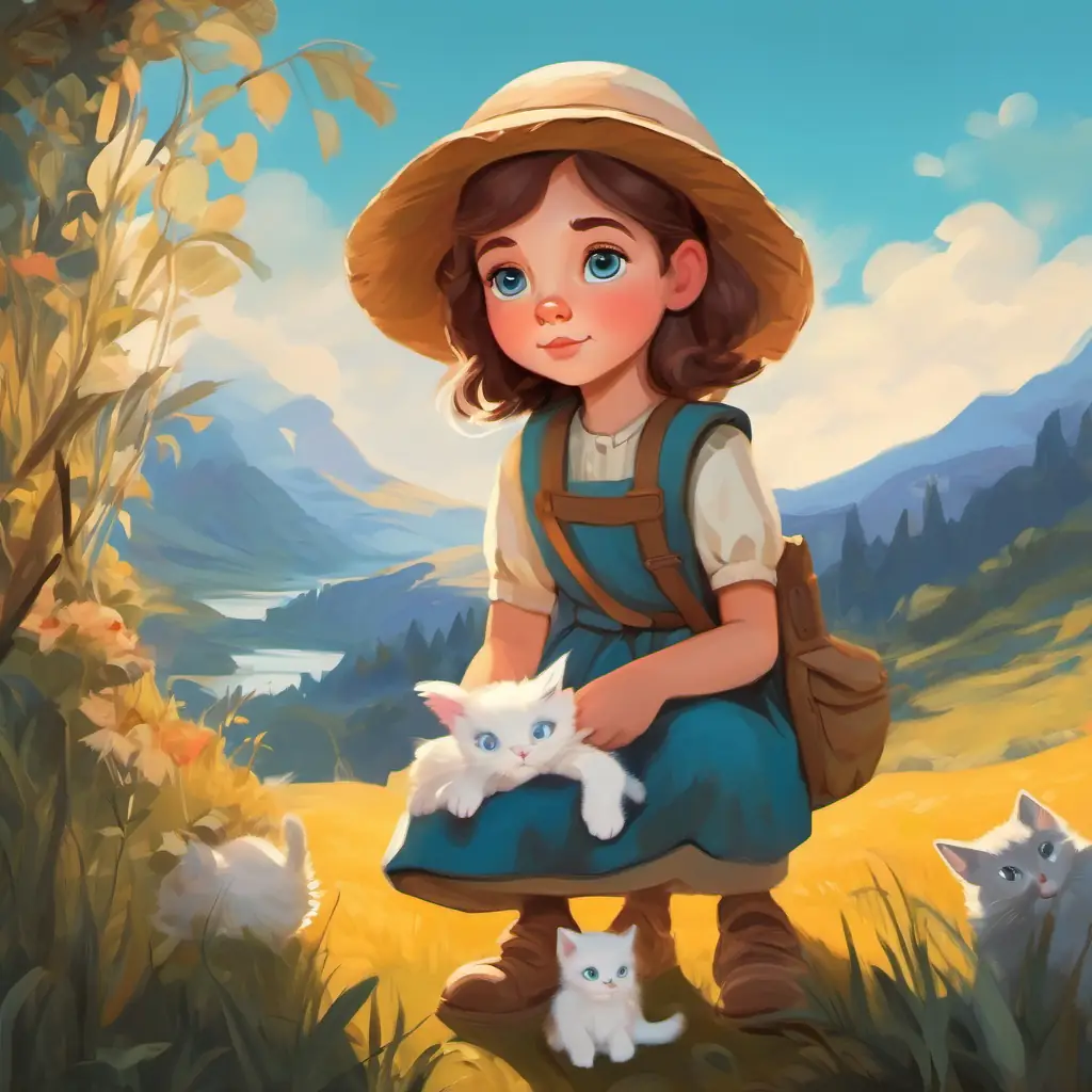 Girl with big blue eyes and white skin, brave and kind discovers a lost kitten on her exploration.