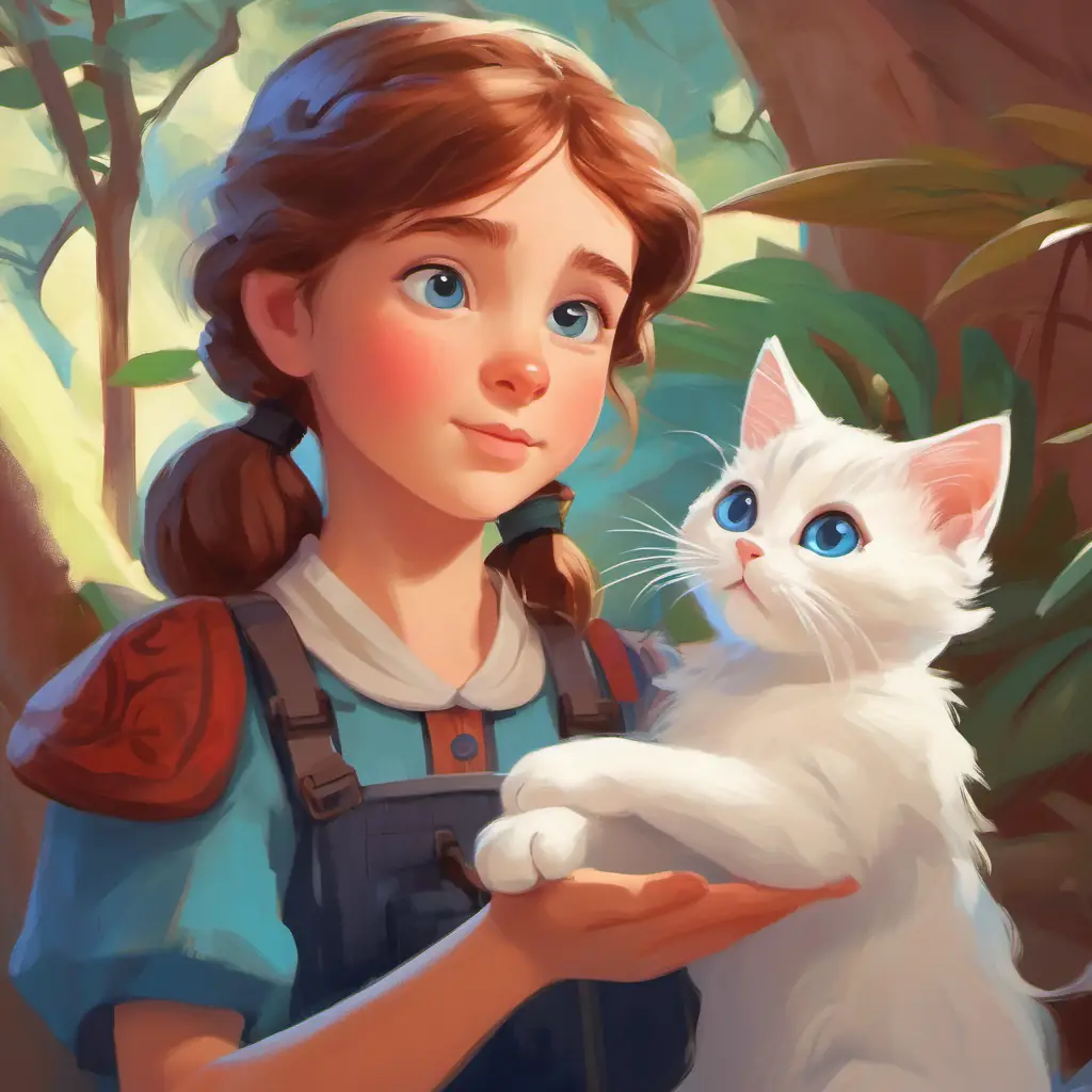 Girl with big blue eyes and white skin, brave and kind showing kindness to the kitten, deciding to help.