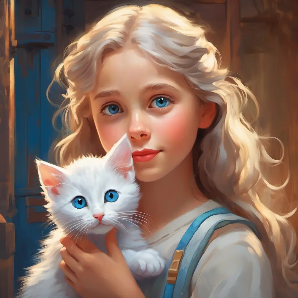 Girl with big blue eyes and white skin, brave and kind caring for the kitten, acting responsibly.