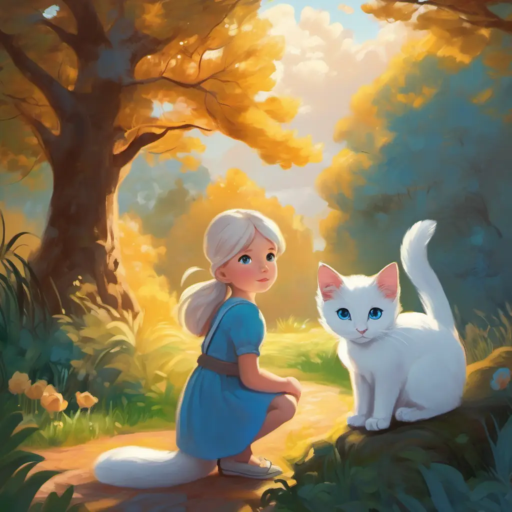 The bond between Girl with big blue eyes and white skin, brave and kind and the kitten grows stronger.