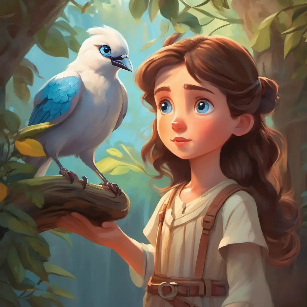 Girl with big blue eyes and white skin, brave and kind finds a bird in need during her adventure.