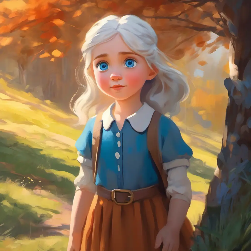 Girl with big blue eyes and white skin, brave and kind helps another character, showing empathy and resourcefulness.