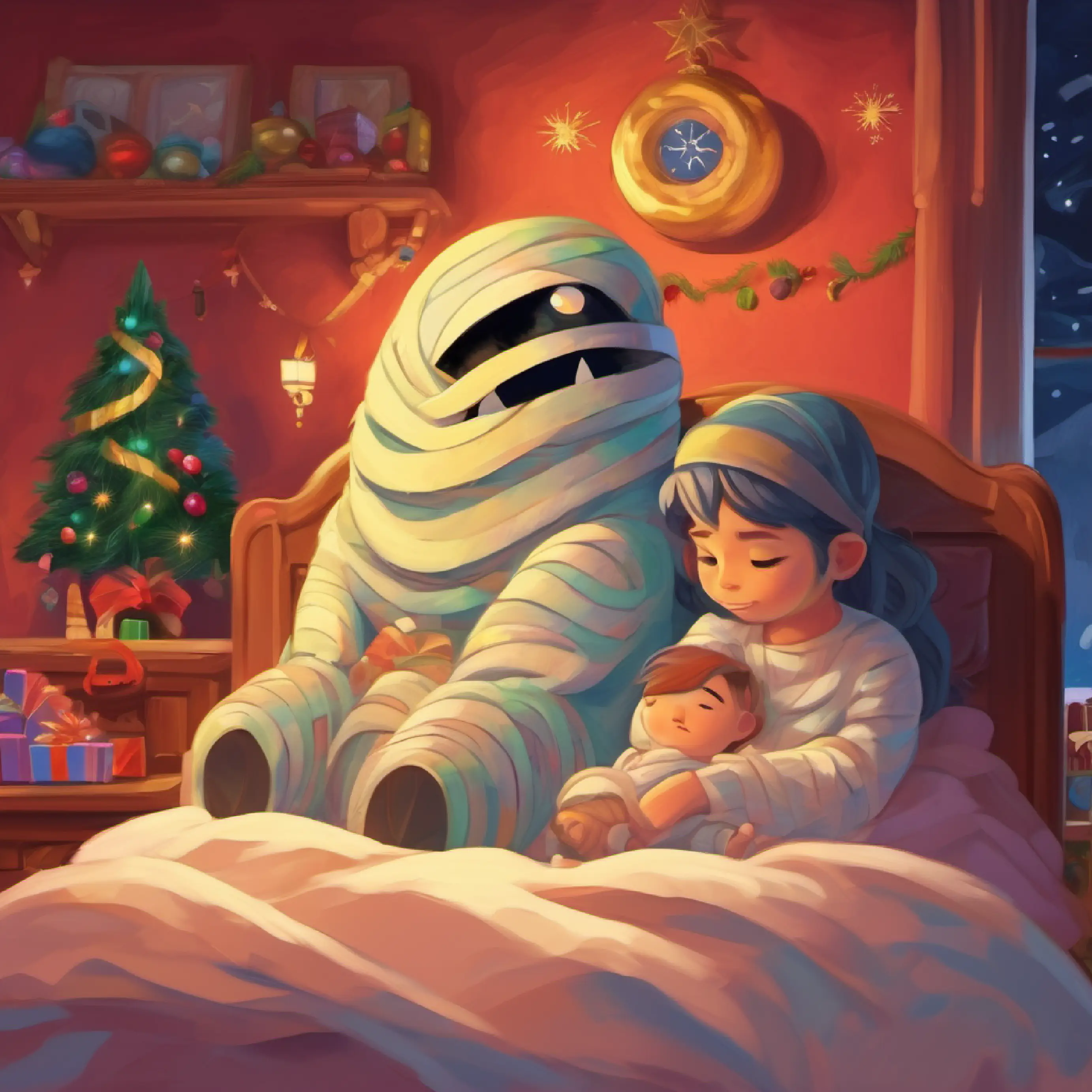 Mummy monster, child in bed, endearing moment.