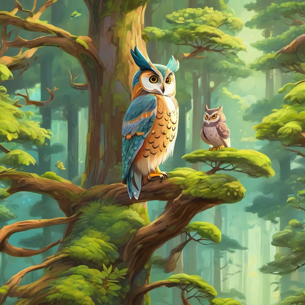 An enchanting forest scene with tall trees, singing birds, and a wise owl perched happily on a mossy branch.