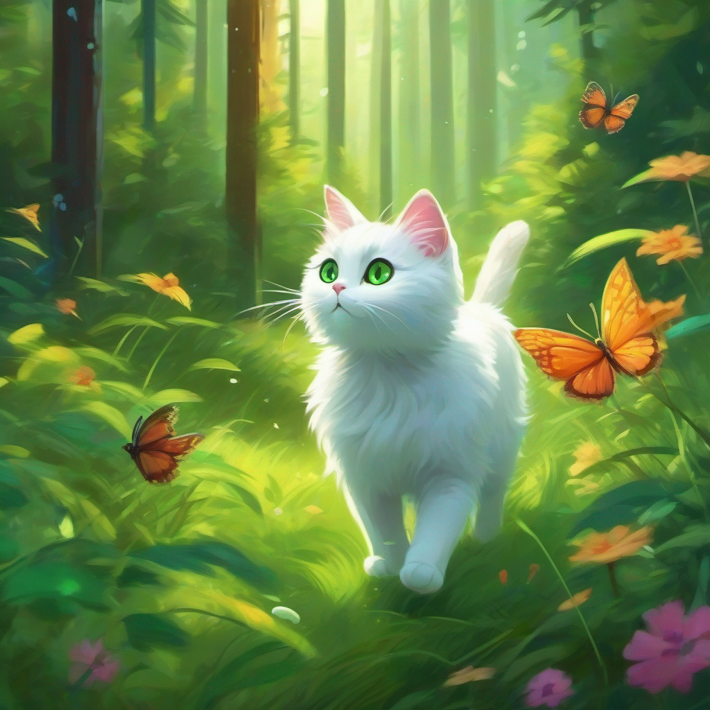 A curious cat with white fur and sparkling green eyes. chasing a colorful butterfly in the forest.