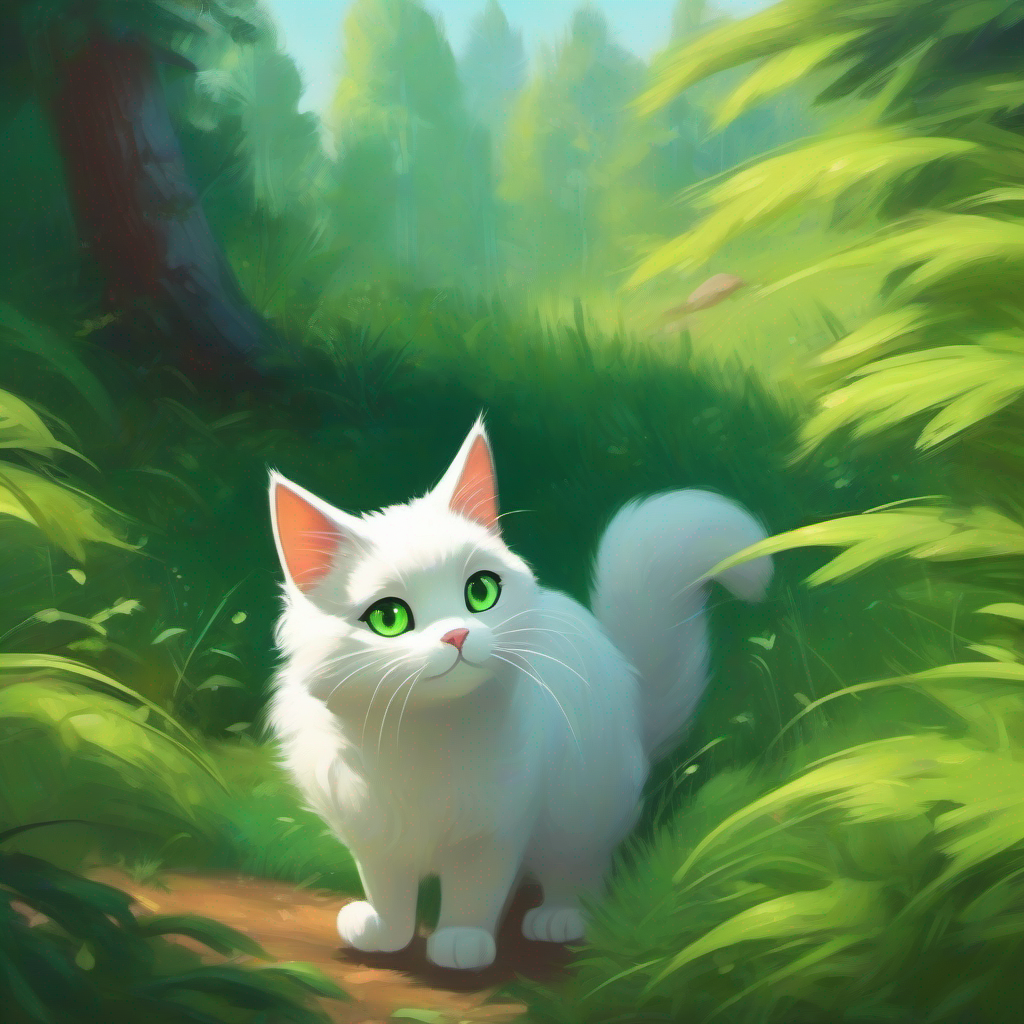 A curious cat with white fur and sparkling green eyes. watching squirrels playing and feeling left out.
