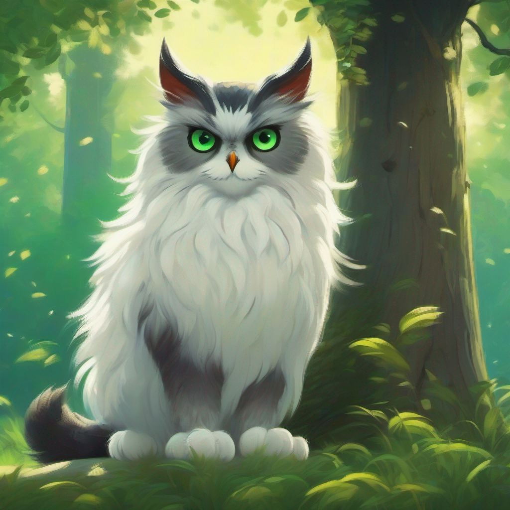 A curious cat with white fur and sparkling green eyes. sitting under a tall tree with a wise old owl.