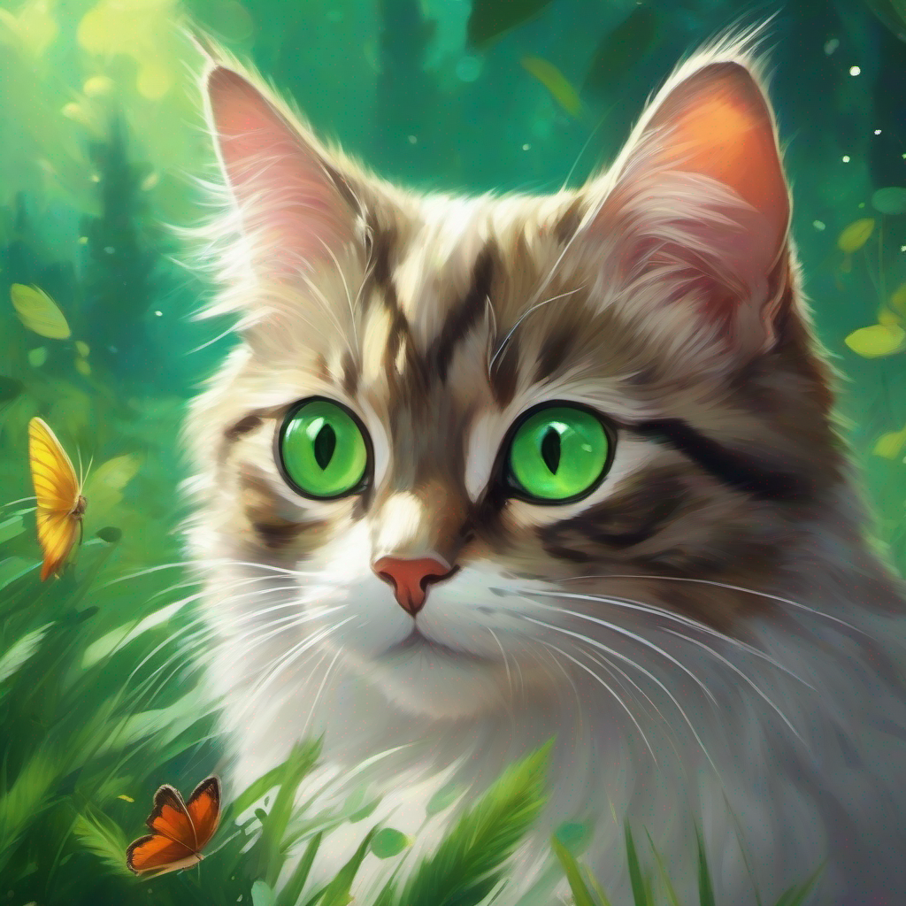 A curious cat with white fur and sparkling green eyes. being patient and observing butterflies, claws, and squirrels.