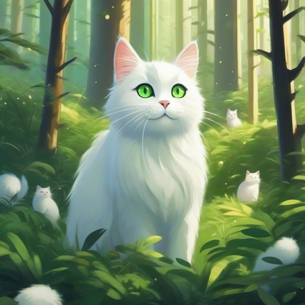 A curious cat with white fur and sparkling green eyes. surrounded by friends and happy in the forest.