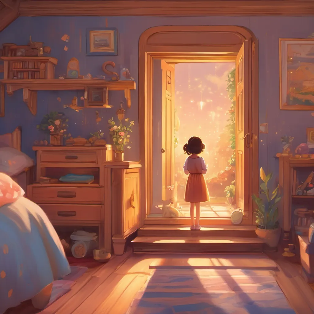 A curious girl in a cozy bedroom, discovering a glowing door under her bed, with a magical golden light emanating from it.