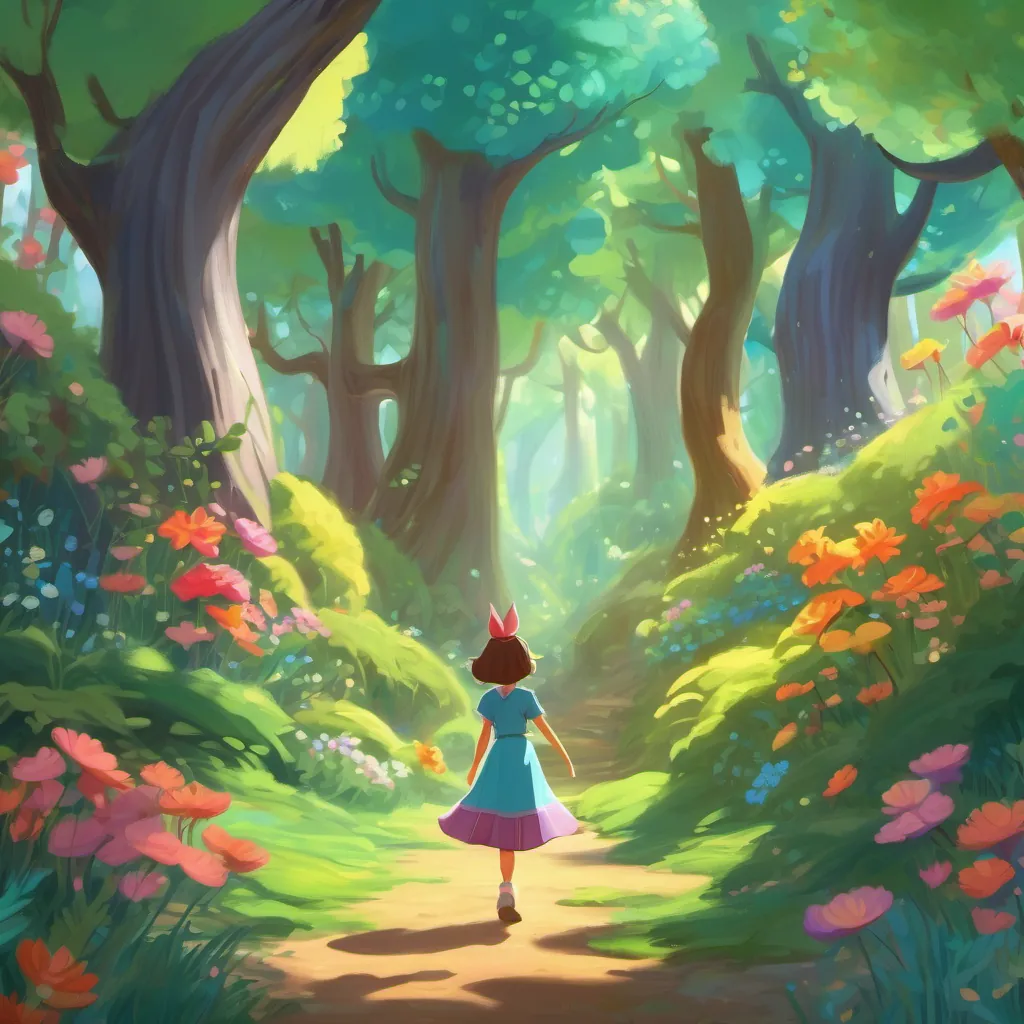 A vibrant, whimsical forest with talking trees and dancing flowers, all greeting the girl warmly.