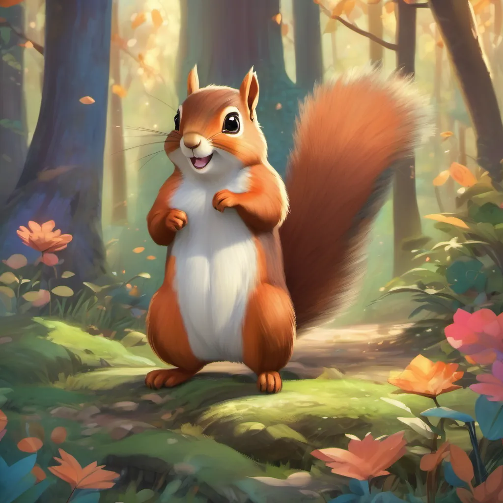 A cute, cheeky squirrel standing on its hind legs, introducing itself to the girl in the magical forest.