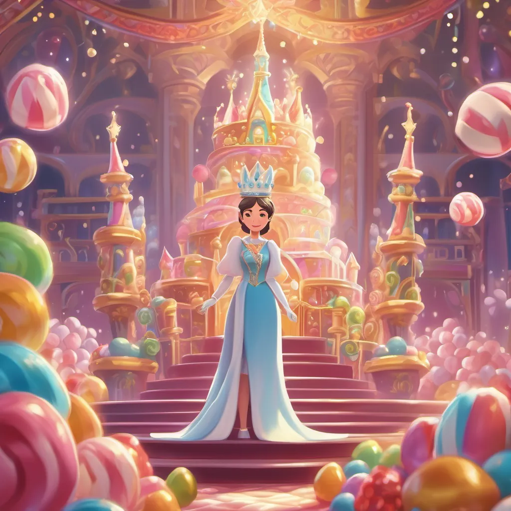 A regal queen wearing a marshmallow crown, standing inside a sparkling candy castle.