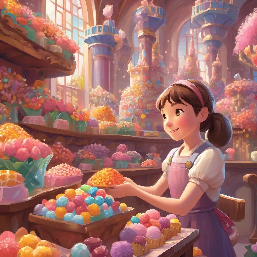 The girl happily tending to candy flowers and polishing chocolate walls within the candy castle.