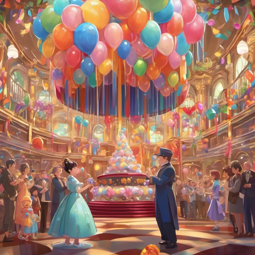 A grand ball with colorful lollipop decorations and licorice streamers, full of joyful characters.