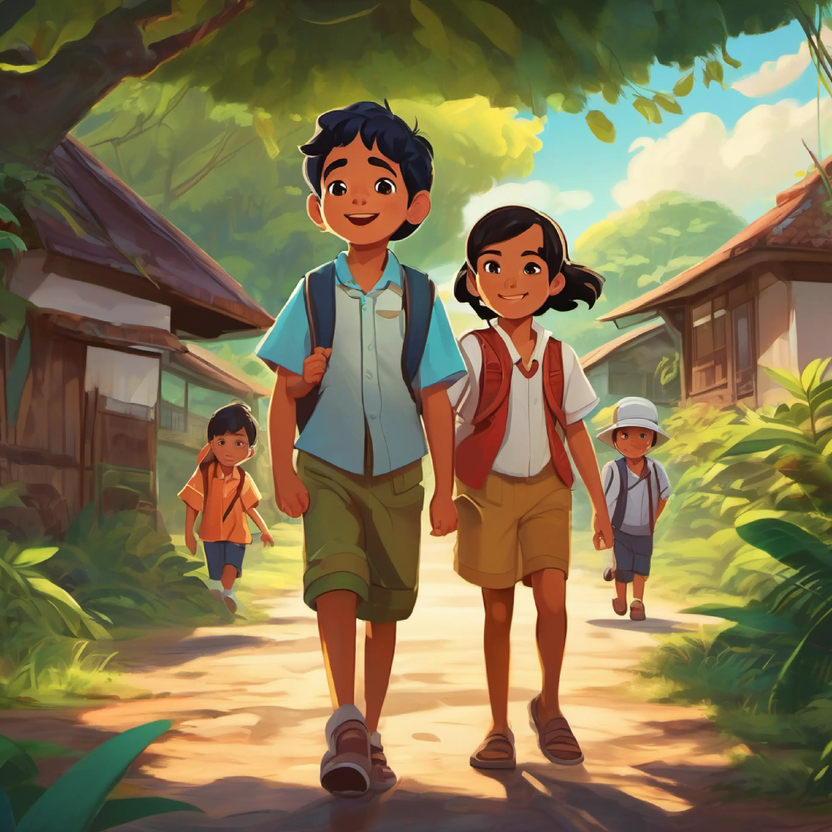 3 Kids, Lia, Ardi and Budi consistent first image of character and clothes, find a hidden path in a small town in Indonesia