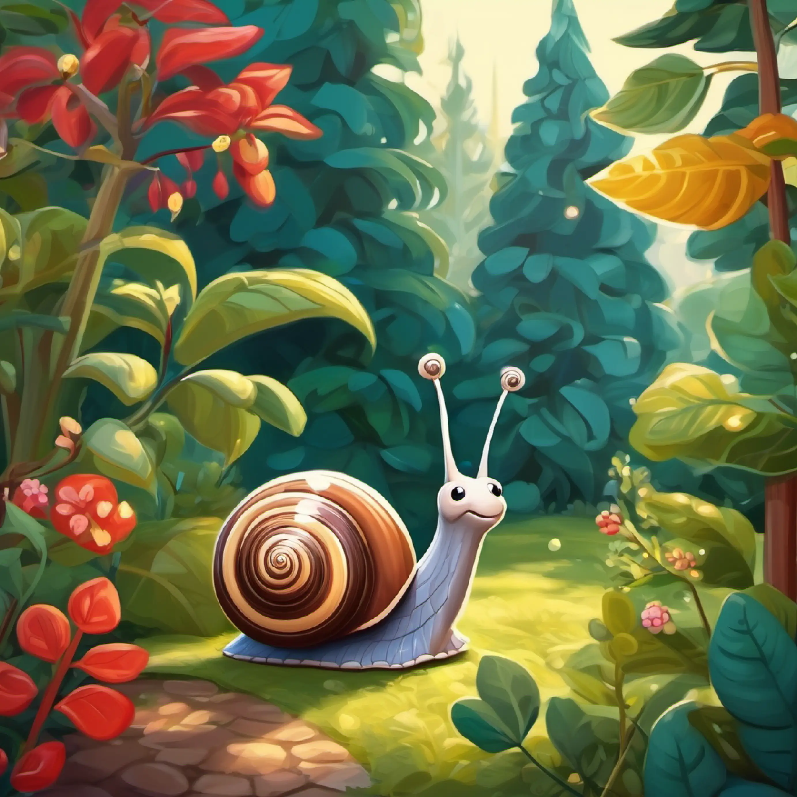 A snail in a garden with family, feeling curious