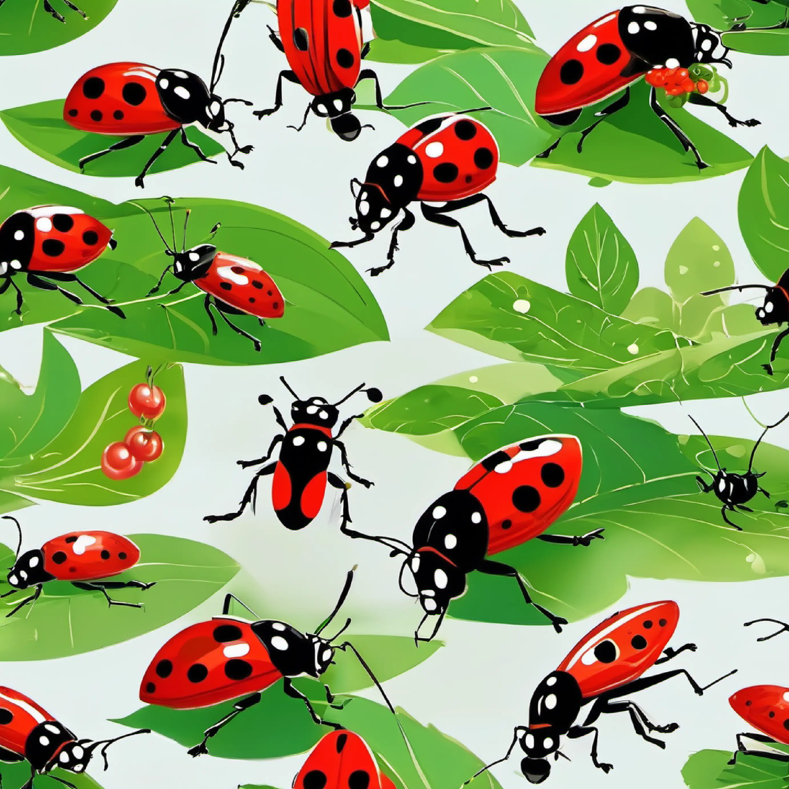 Group grows with A bright red ladybug with black spots and A long-legged grasshopper, green and friendly joining